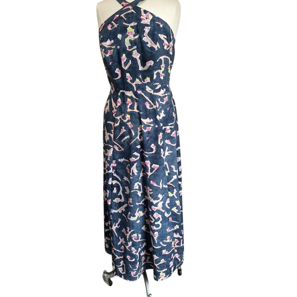 CAbi Aurora Maxi Dress Blue Abstract Halter Neck Sleeveless‎ Boho Size 6